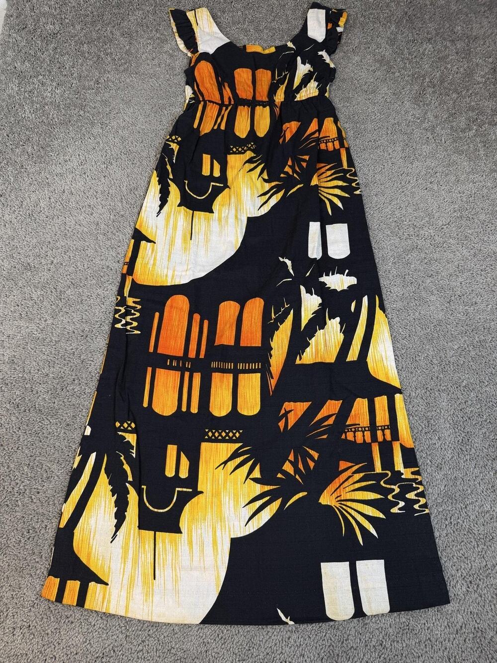 VTG 60s Hukilau Fashions Dress Womens 8 Barkcloth Evening Sunset Orange Maxi